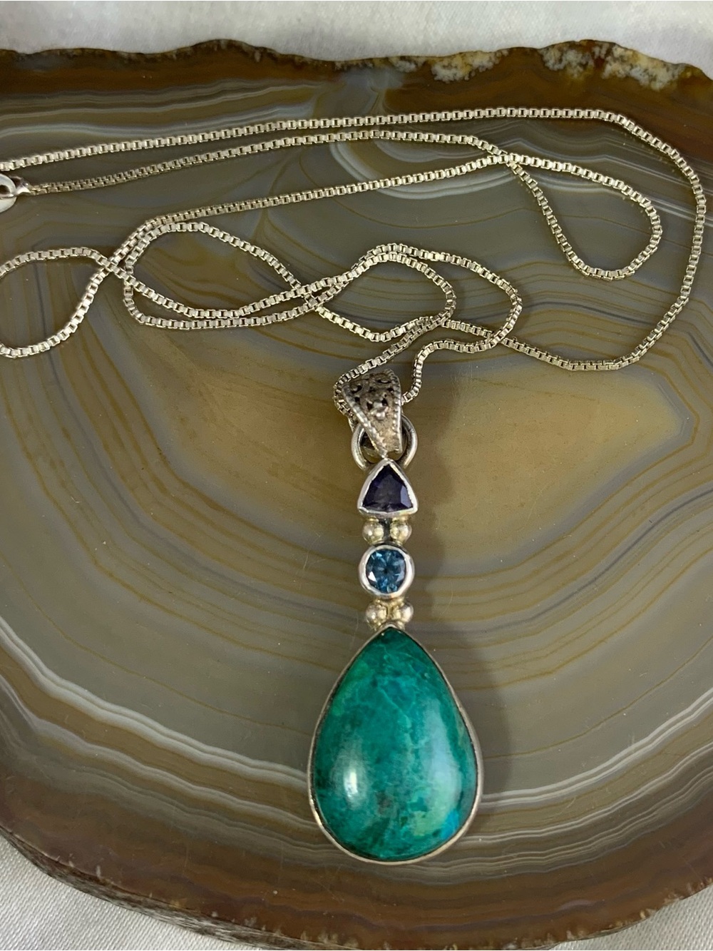 Sterling Silver Teardrop /Shadowkite/Chrysocolla and Gemstone Necklace